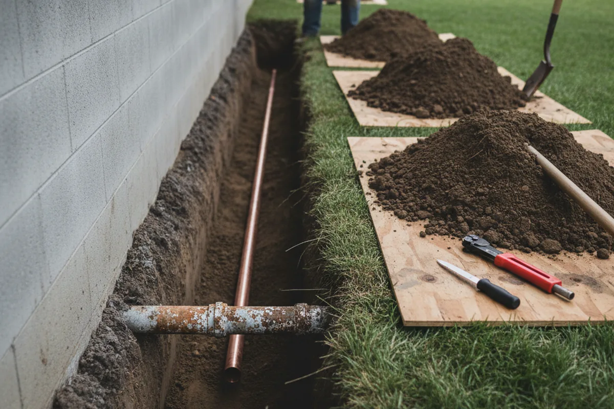 Excavated water line trench during Water Softener Installation in Millis